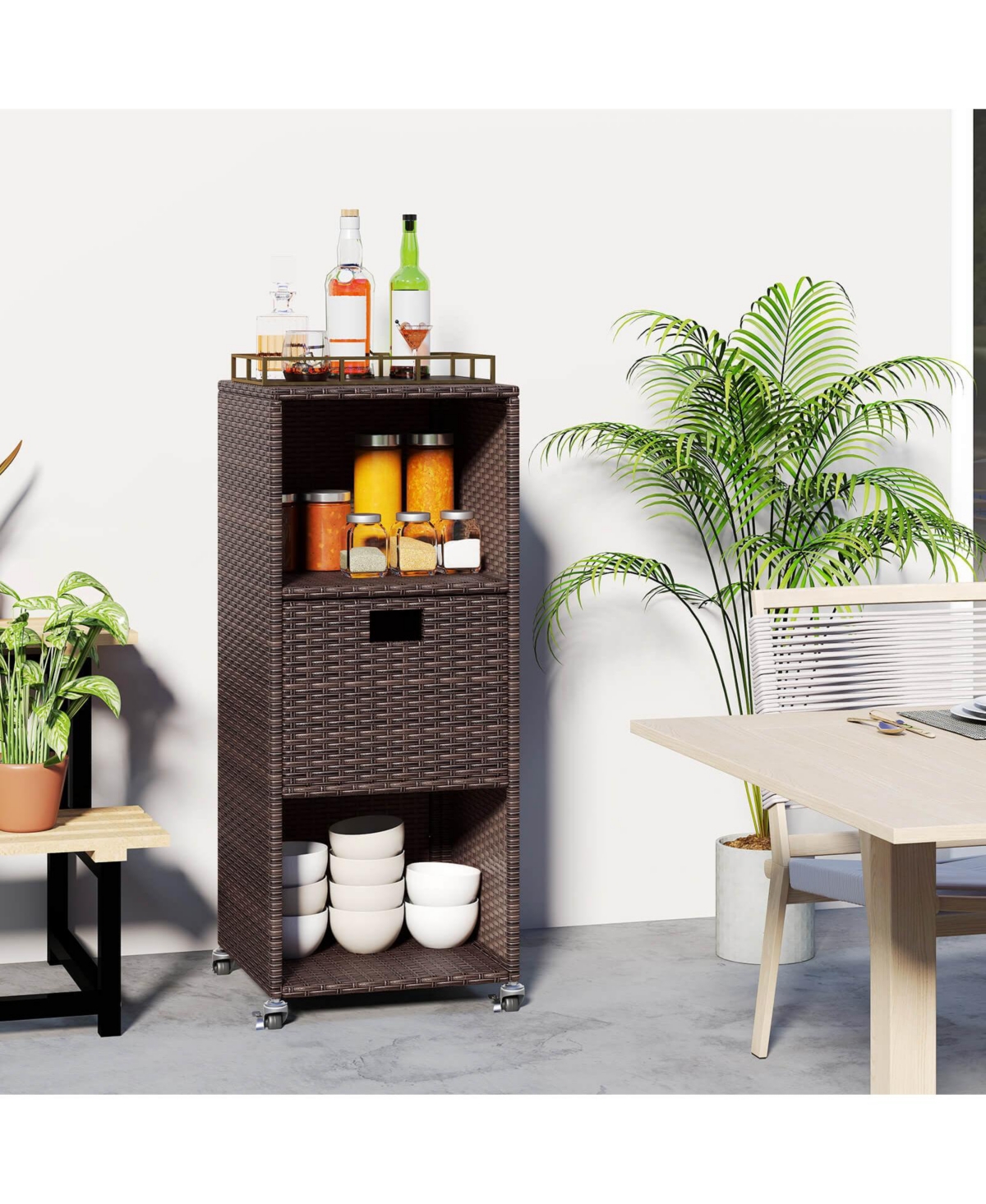 Costway Outdoor Storage Cabinet with Storage Shelves Drawer and Rolling Wheels for Porch