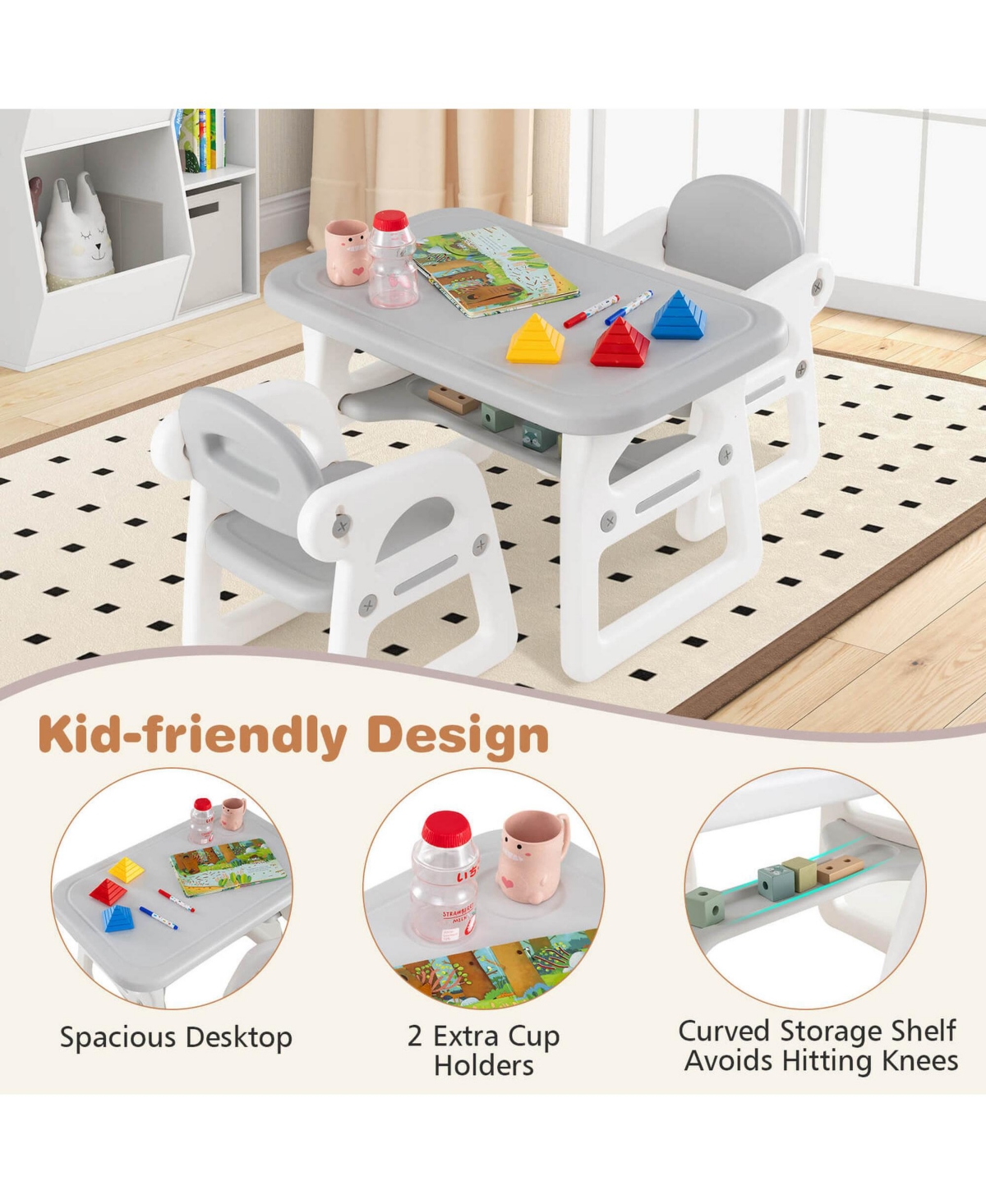 Costway 3-Piece Kids Table and Chair Set Toddler Activity Study Desk with Building Blocks
