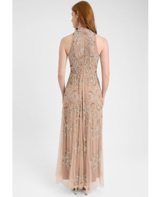 Women's Embellished Sequin Beaded Maxi Dress With High Neckline With Sleeveless Design