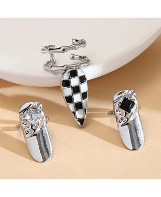Women's The Bijou-Checks Nail Rings - Metallic Silver (Set Of 3)