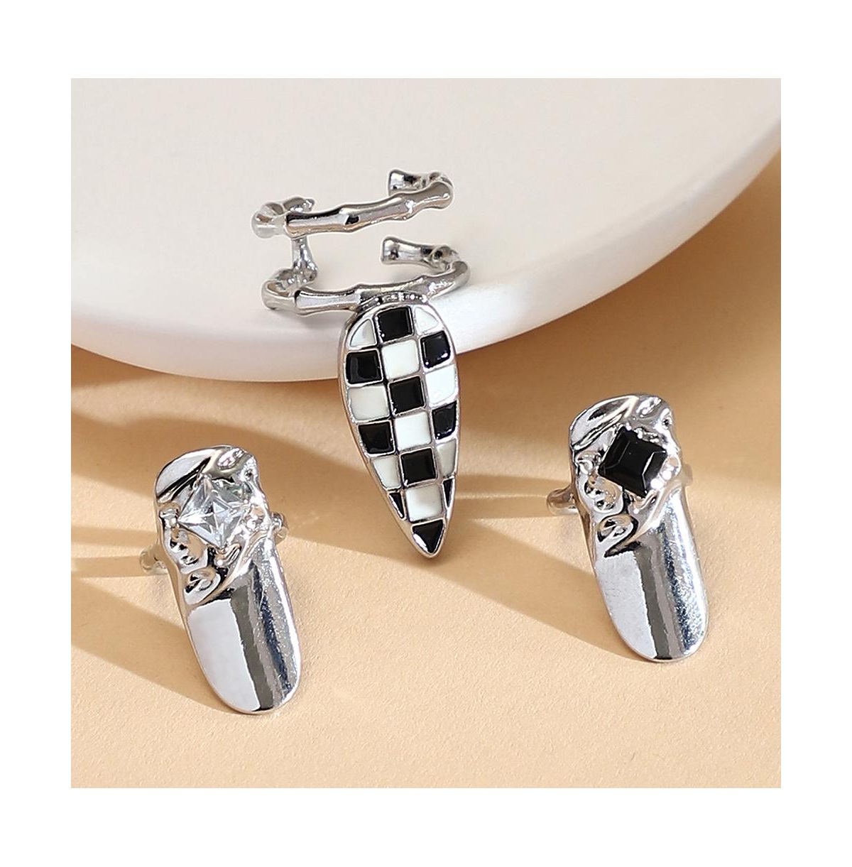 Women's The Bijou-Checks Nail Rings - Metallic Silver (Set Of 3)