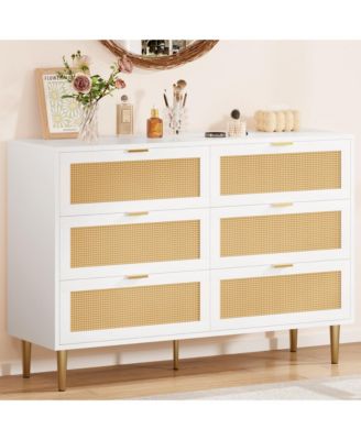 Natural Rattan 6-Drawer Dresser with Gold Legs & Handles, Wide Storage Chest, Anti-Tip Design for Bedroom or Living Room.