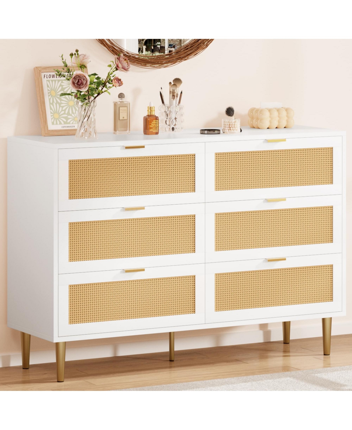 Gaomon Natural Rattan 6-Drawer Dresser with Gold Legs & Handles, Wide Storage Chest, Anti-Tip Design for Bedroom or Living Room.