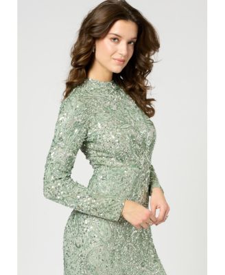 Women's Modest Embellished Sequin Beaded Maxi Trail Dress