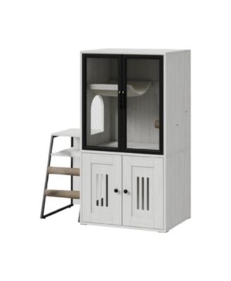 2-in-1 Cat Litter Box Enclosure Furniture with Doors, Double Layer Cat House & Storage