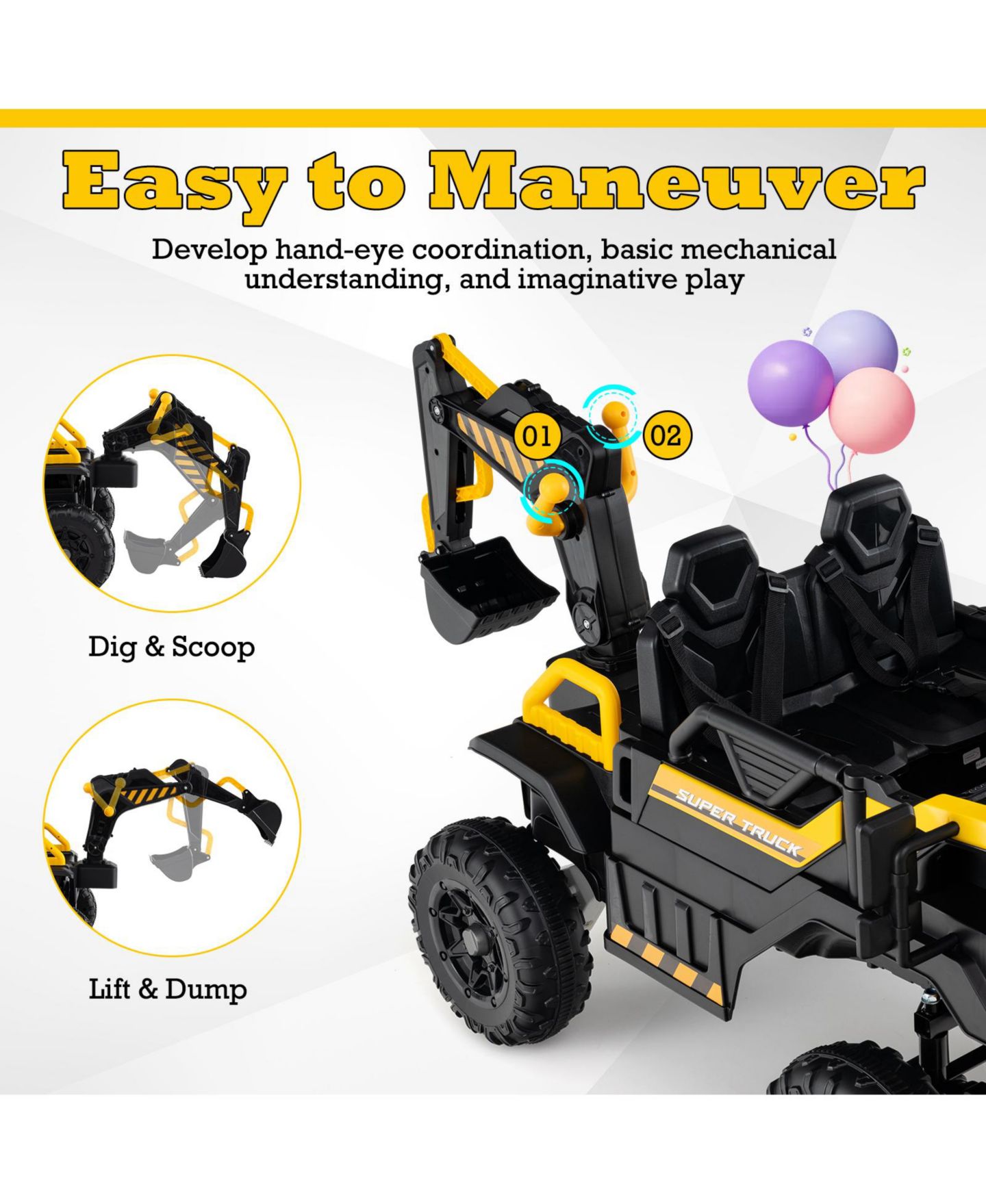 Детская игрушка HONGGE 24V 4WD Ride-On Excavator with Motorized Digging Arm and Remote Control, 2-Seater, Ages 3-8, цвет: Жёлтый чёрный — фото 6