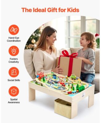 Train Table, 84 PCS Wooden Activity Table with Collapsible Bin, 3-in-1 Train Set for Playing, Drawing & Reading, Toy for Kids 3