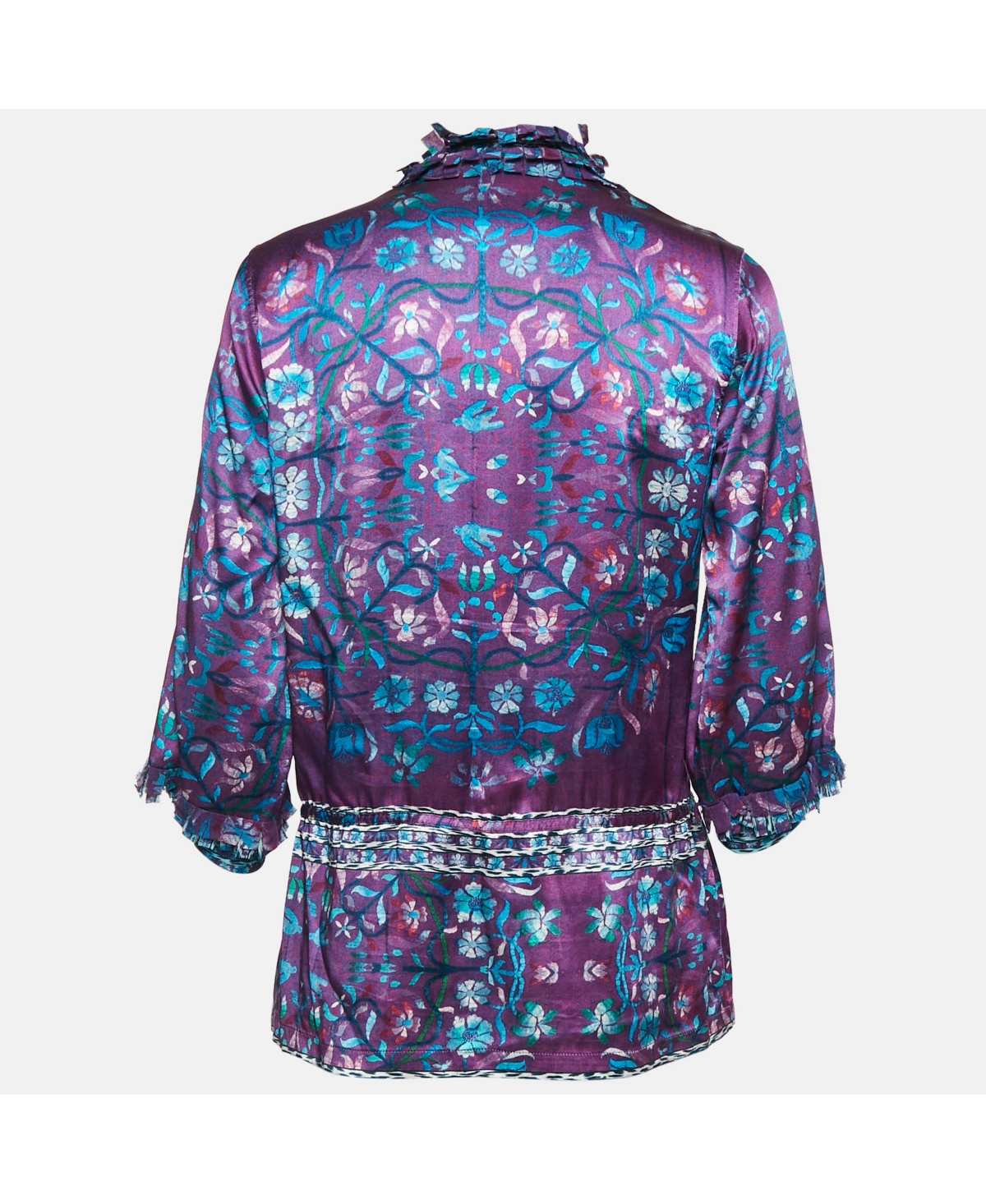 Pre-Owned Roberto Cavalli Women's Purple Floral Print Silk Ruffled Top