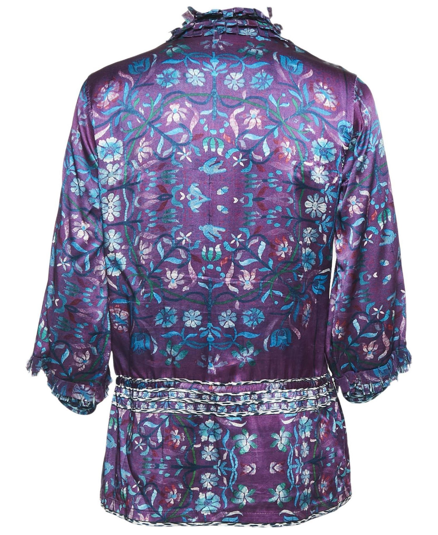Women's Purple Floral Print Silk Ruffled Top
