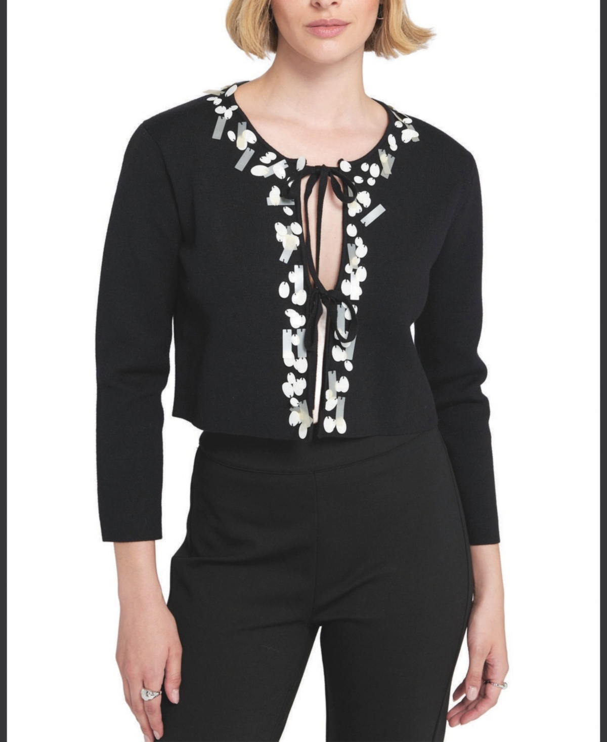 Elle Collection Women's Sequin Tie Front Cardigan Embroidered Sweater