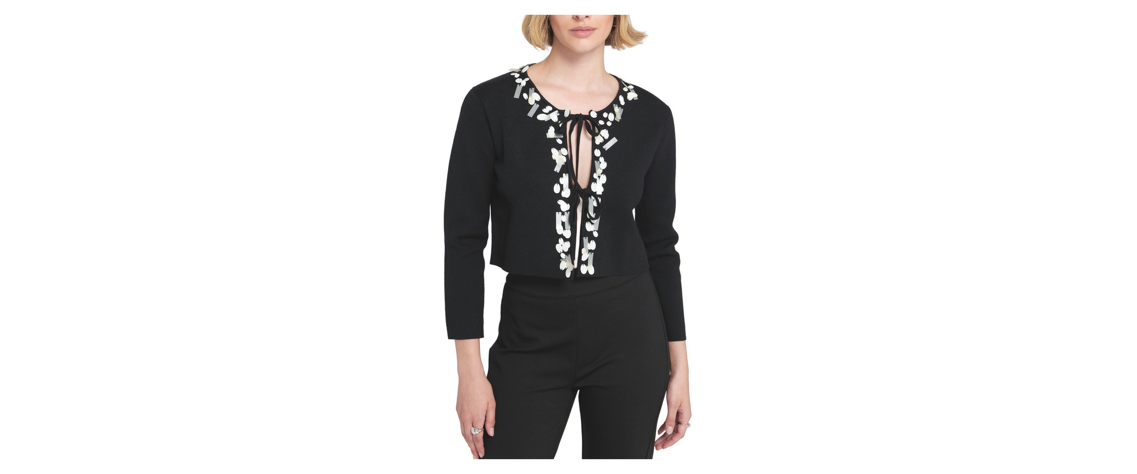 Elle Collection Women's Sequin Tie Front Cardigan Embroidered Sweater