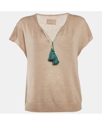 Women's Beige Linen Knit Tie-Up Detail Card Top