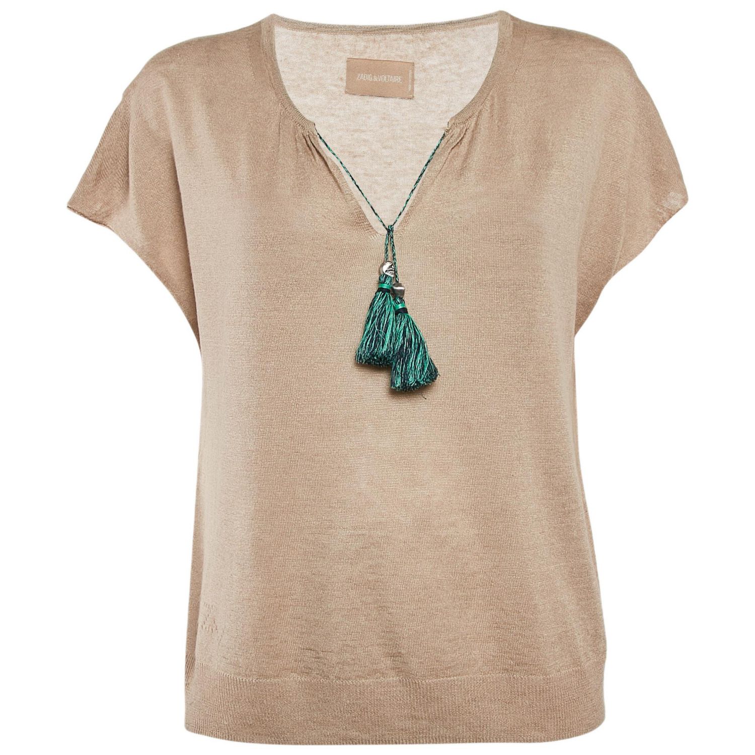 Women's Beige Linen Knit Tie-Up Detail Card Top