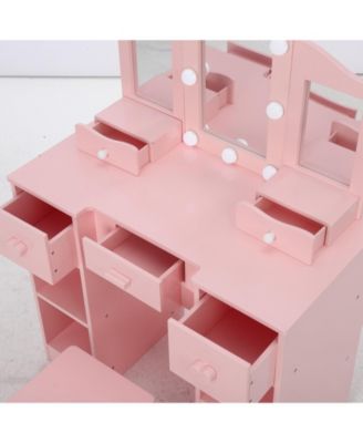 2-in-1 Wooden Kids Vanity Set,Tri-Fold Mirror, Stool & Drawer