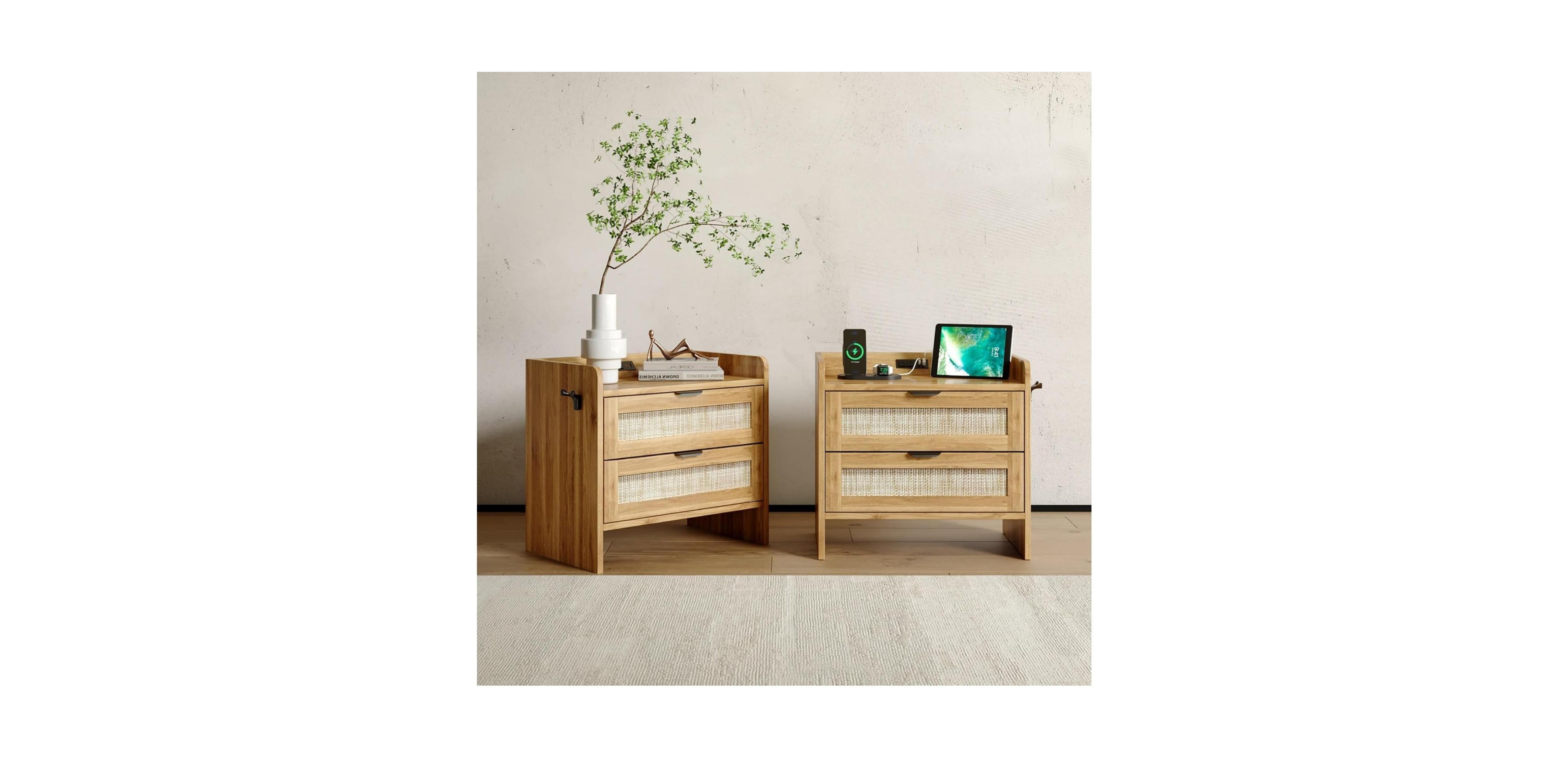 gaomon Rattan Nightstand Set of 2, Bedside Table with Type-c Charging Station - 2 Storage Drawer Space, Boho End Side Table, Walnut Brown