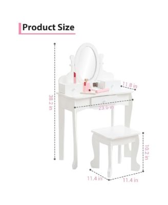 Adjustable Mirror Kids Vanity Set with Stool and Storage Drawers – Wooden Princess Makeup Dressing Table for Ages 4–9