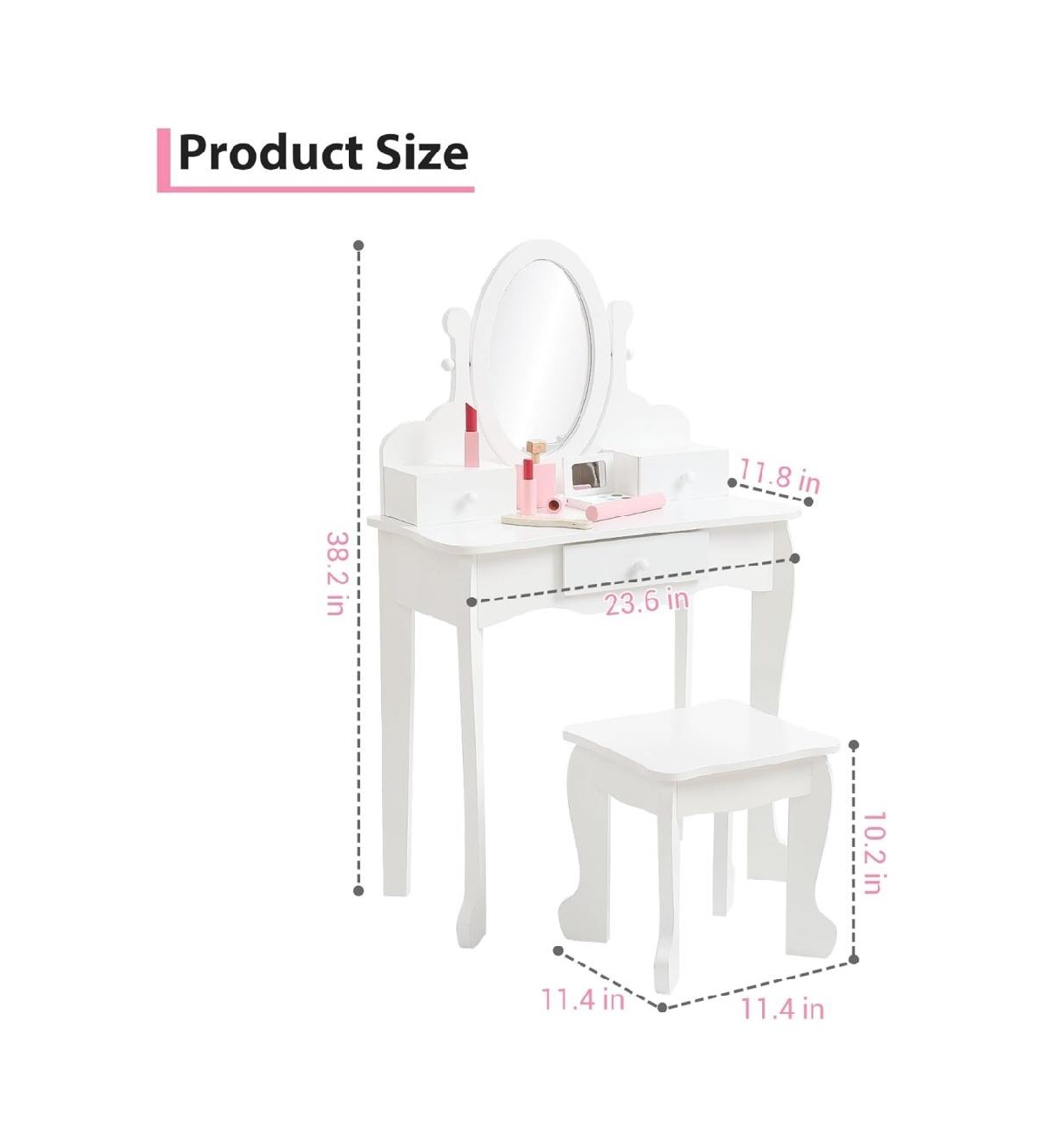 gaomon Adjustable Mirror Kids Vanity Set with Stool and Storage Drawers – Wooden Princess Makeup Dressing Table for Ages 4–9