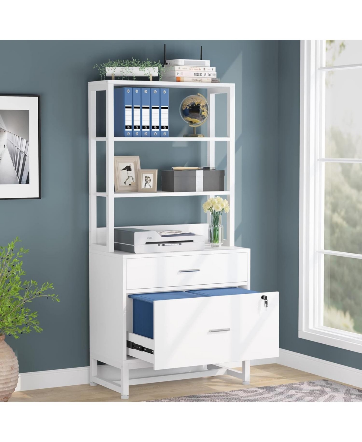 Tribesigns 2 Drawer Vertical File Cabinet with Lock & Bookshelf, Letter Size Large Modern Filing Cabinet Printer Stand with Open Storage Shelves