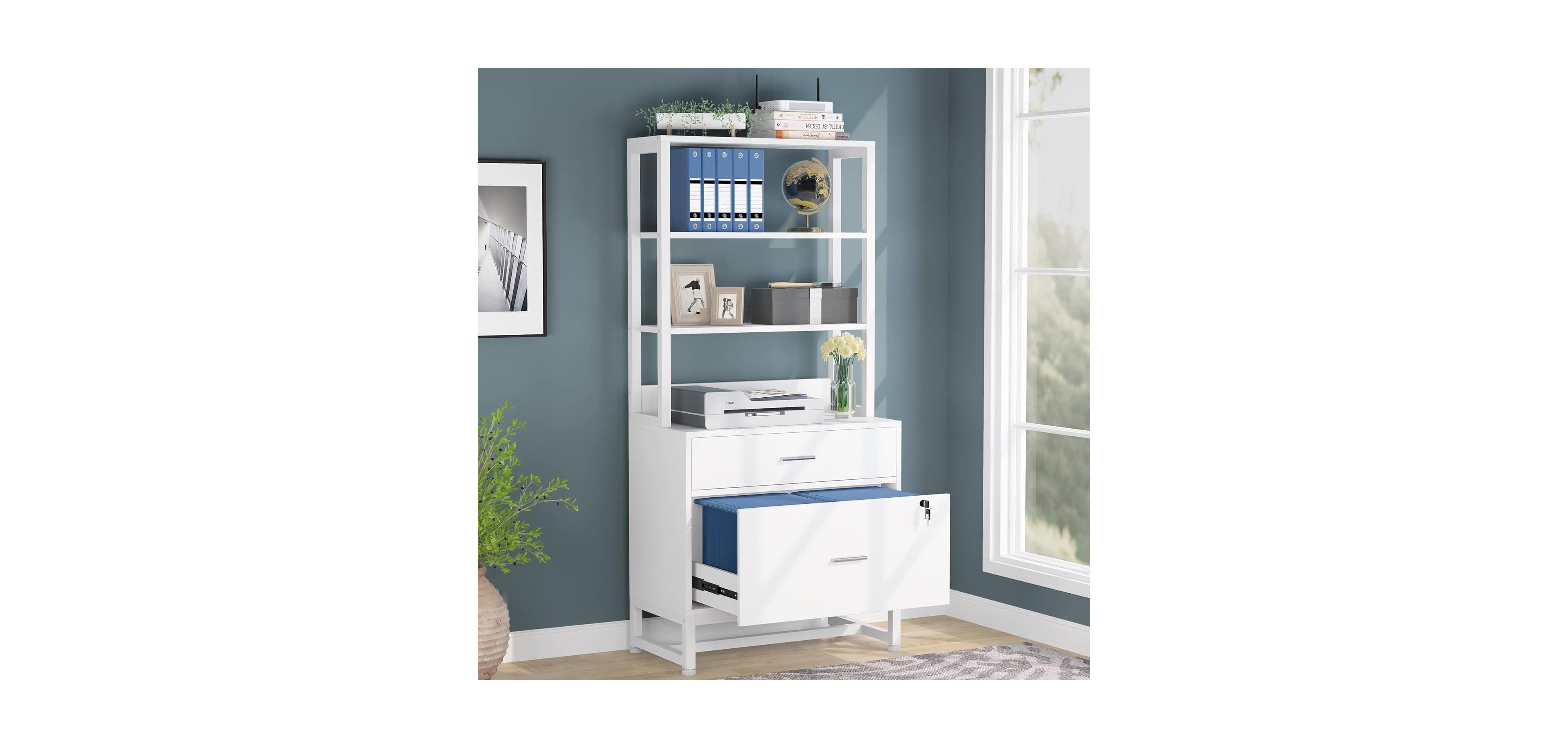 Tribesigns 2 Drawer Vertical File Cabinet with Lock & Bookshelf, Letter Size Large Modern Filing Cabinet Printer Stand with Open Storage Shelves