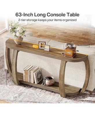 Farmhouse Wooden Console Table with Open Shelf, 63-Inch Long Sofa Entryway Table with Curved Legs for Living Room, Hallway, Entrance