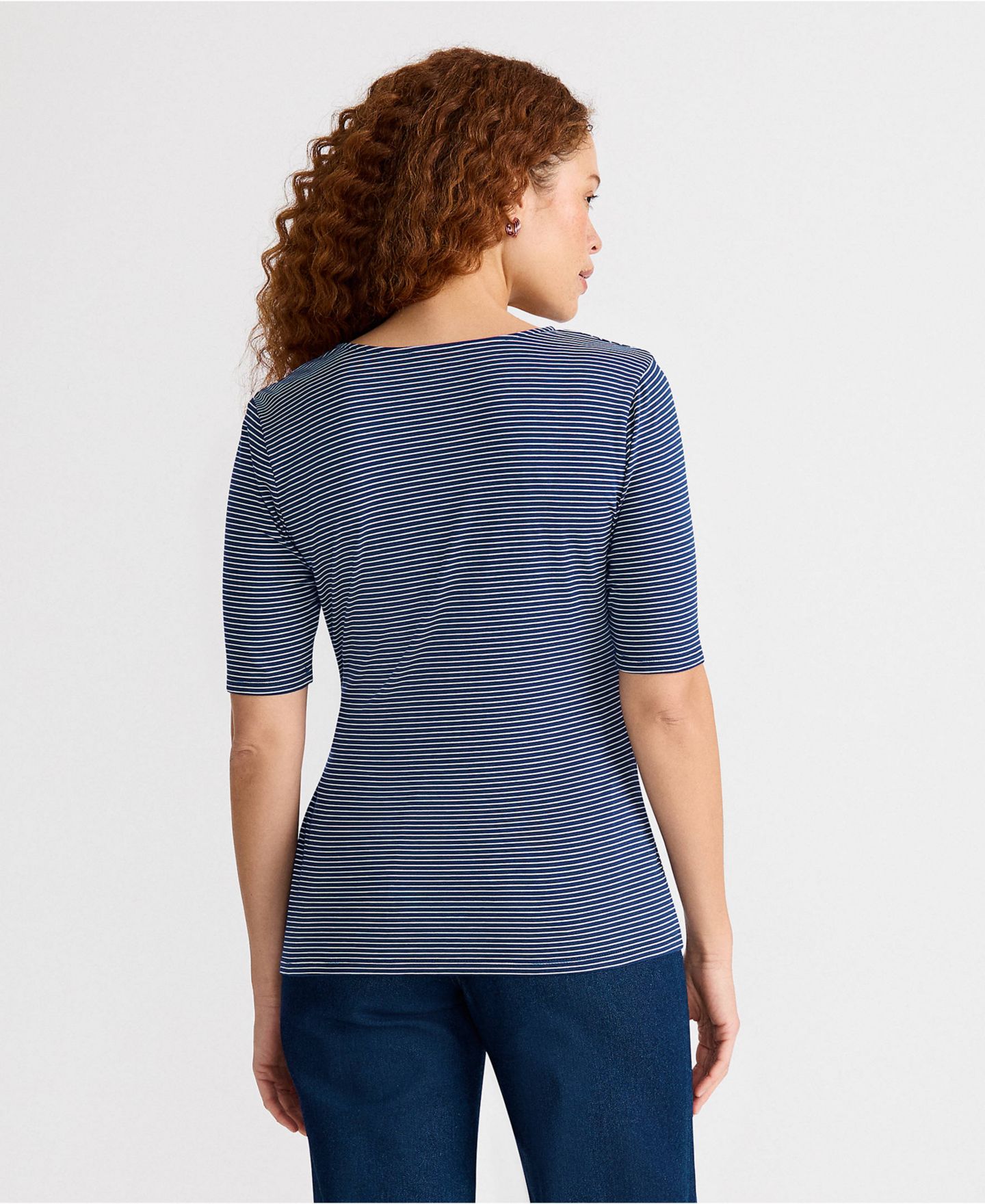 Женская блузка Lands' End Elbow Sleeve Lightweight Jersey Side Tie, цвет: Морской тёмно-синий полосатый — фото 2