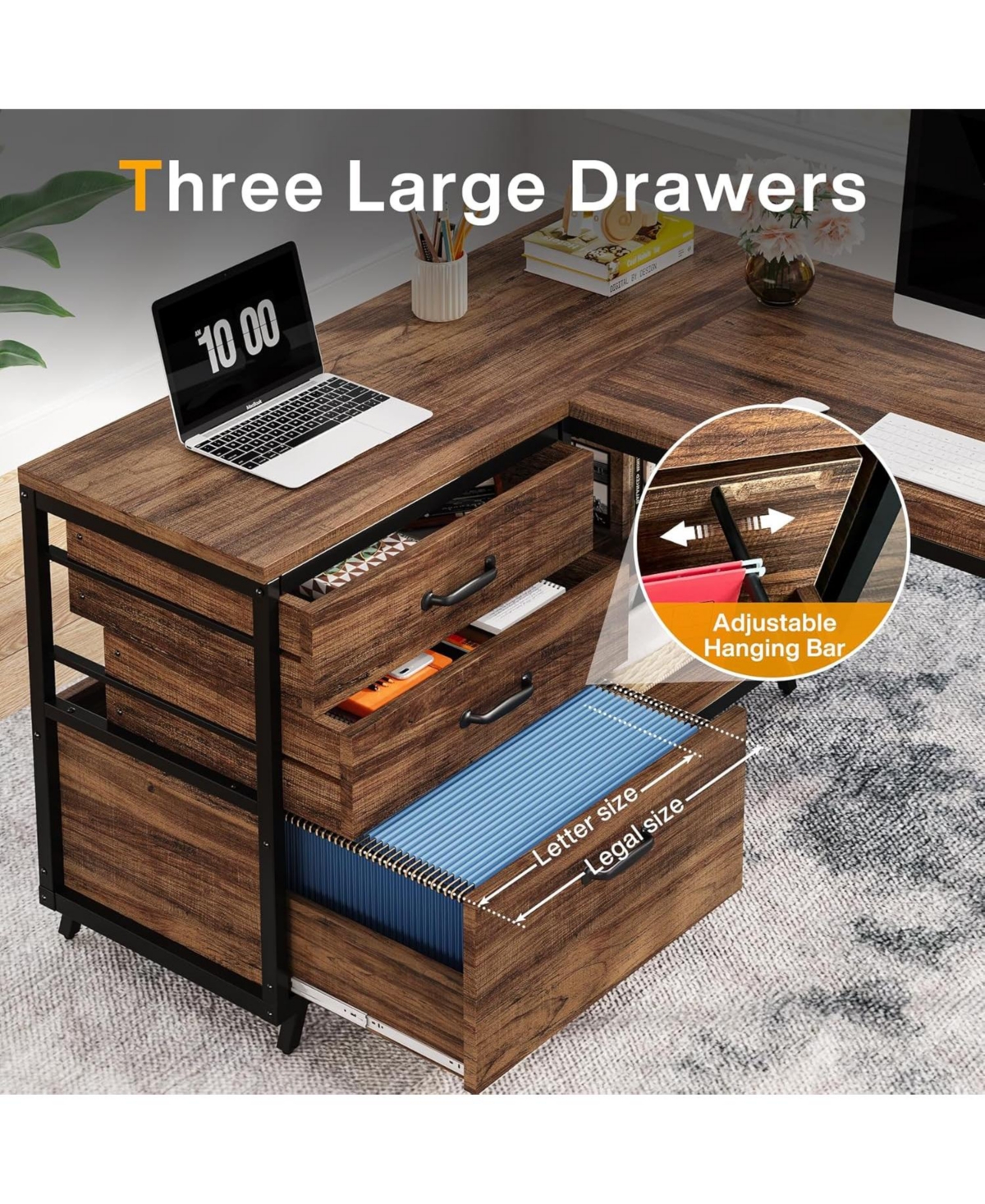 Tribesigns 53" W × 19.7" Wood L-Shaped Desk with 3 Drawers, Reversible Corner Home Office Computer Shelves