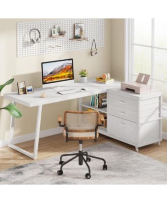 53" W × 19.7" Wood L-Shaped Desk with 3 Drawers, Reversible Corner Home Office Computer Desk with Shelves