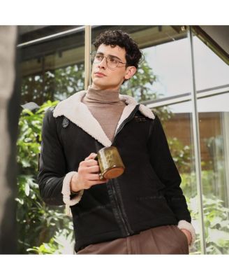 Men's Midnight Black Contrast Sherpa-Lined Suede Rider Jacket