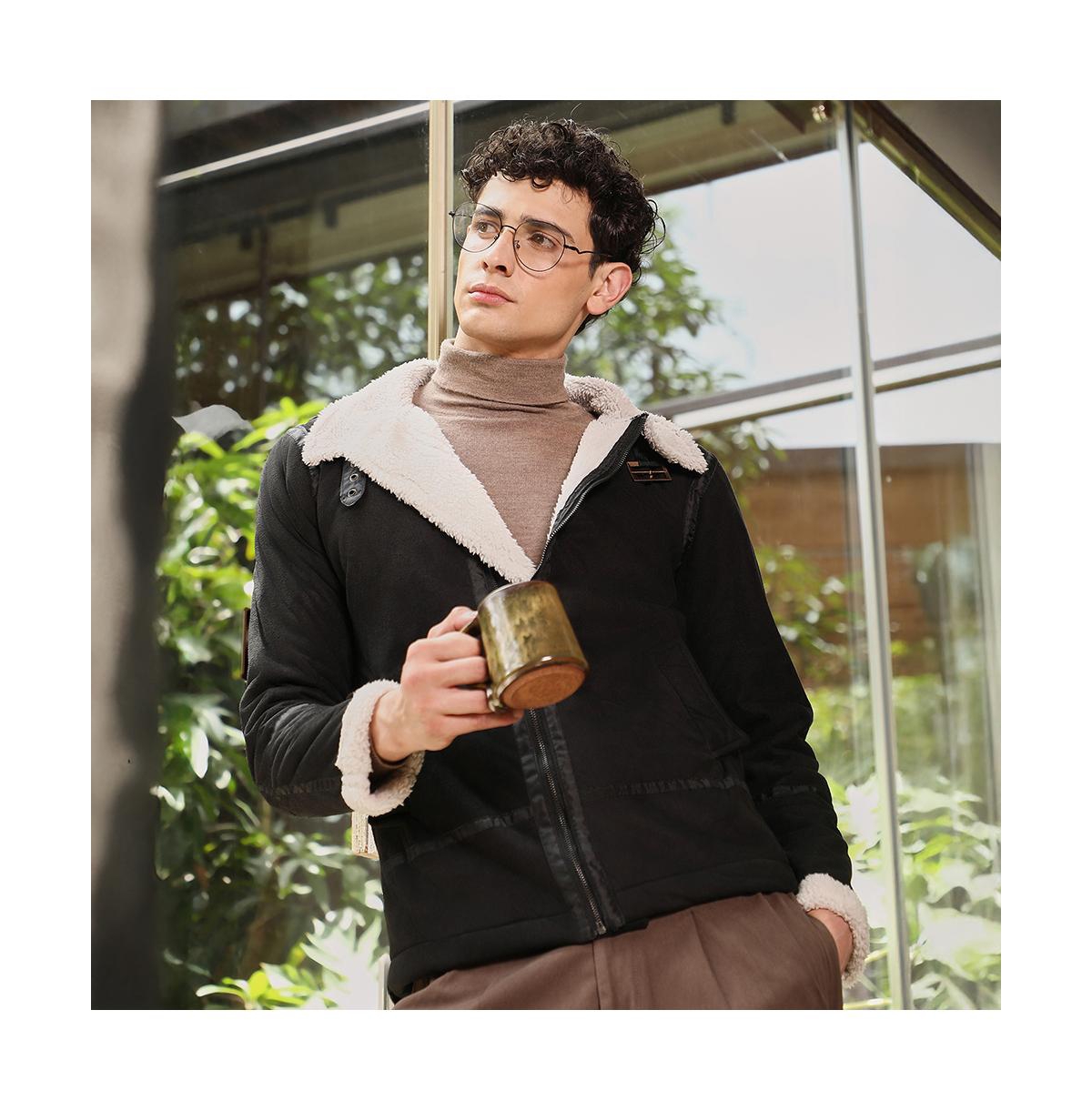 Campus Sutra Men's Midnight Black Contrast Sherpa-Lined Suede Rider Jacket