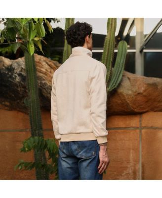 Men's Cream White Contrast Sherpa-Lined Suede Bomber Jacket