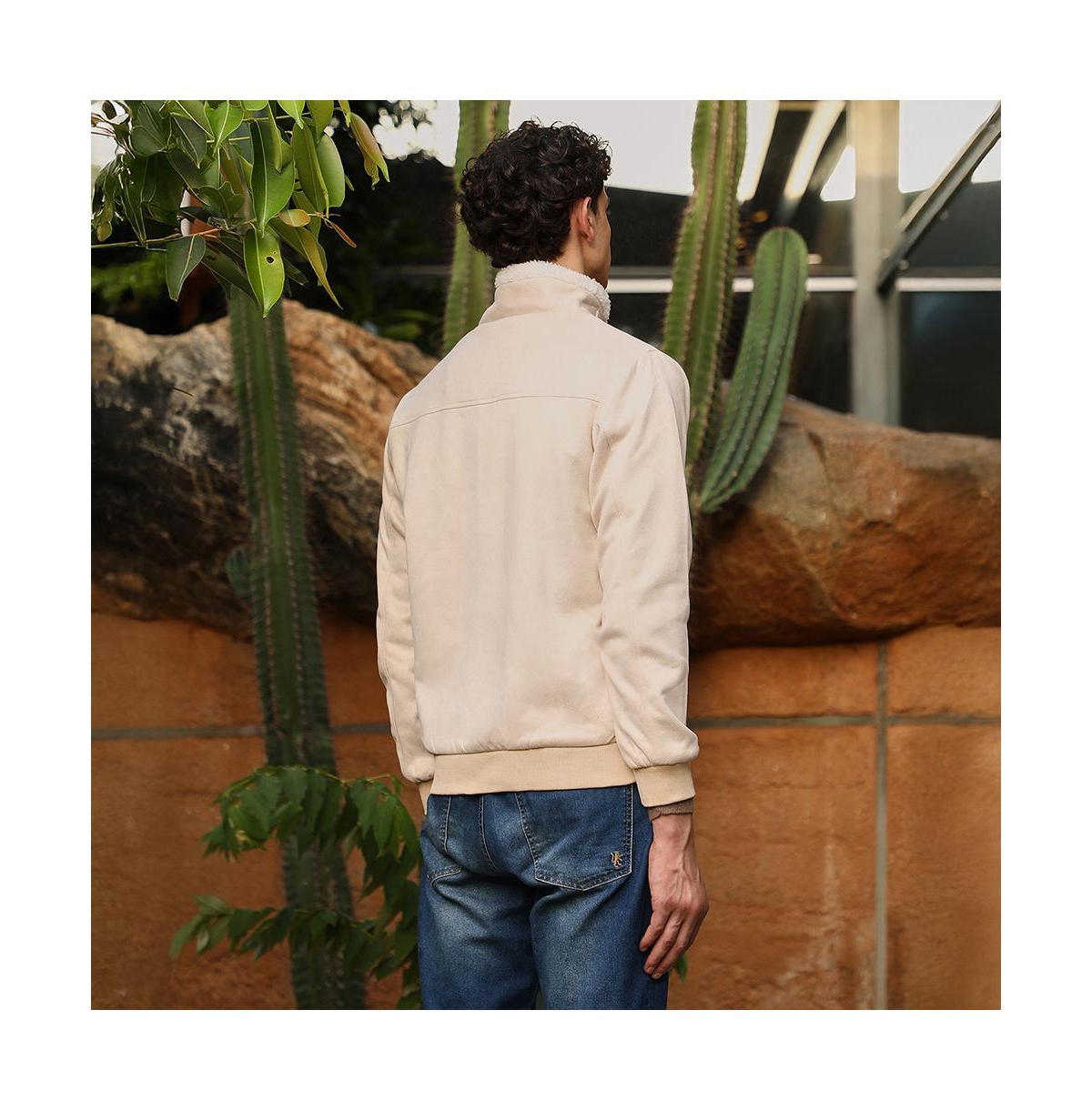 Campus Sutra Men's Cream White Contrast Sherpa-Lined Suede Bomber Jacket