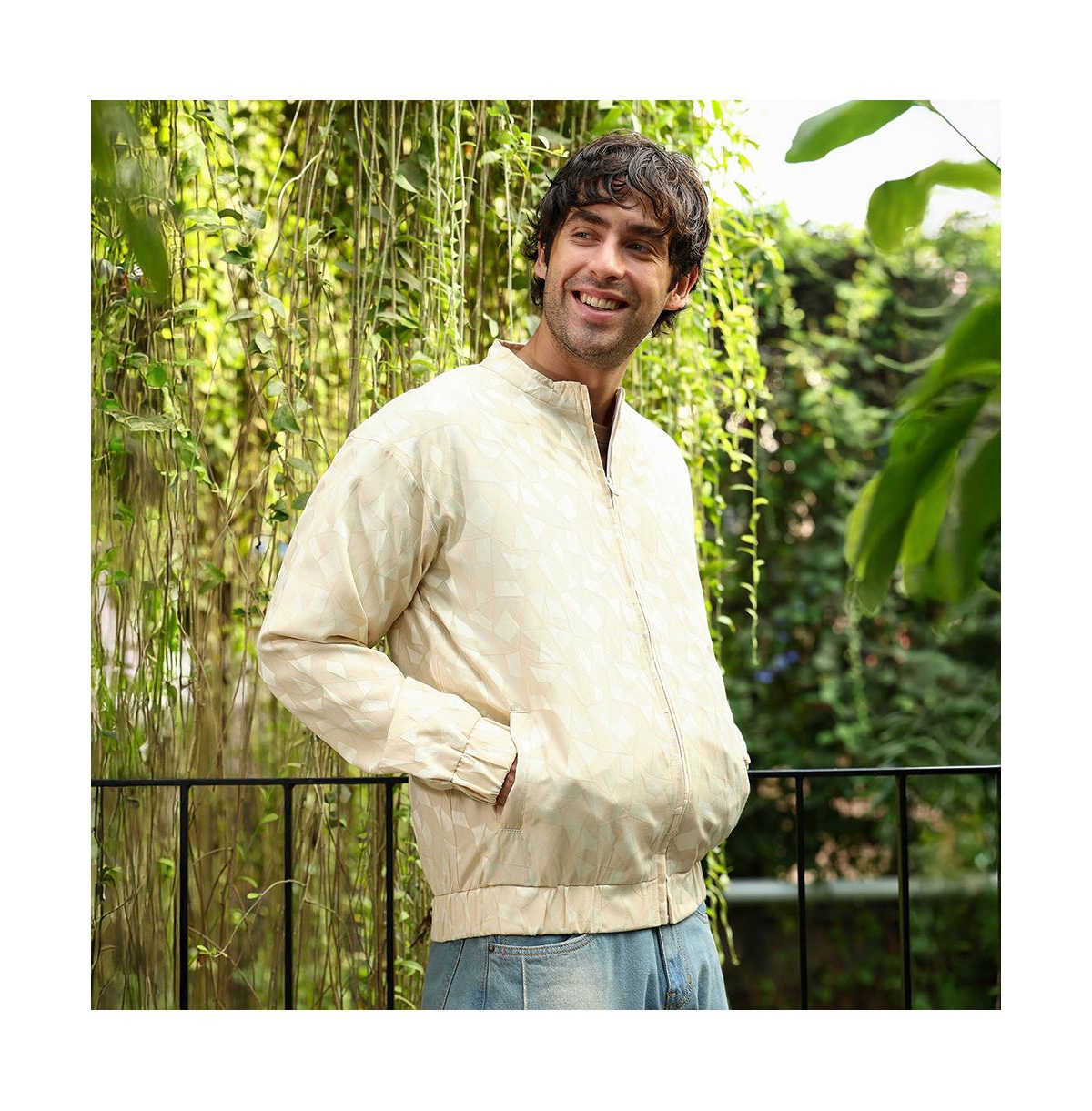 Campus Sutra Men's Cream White Mozaic-Jacquard Bomber Jacket