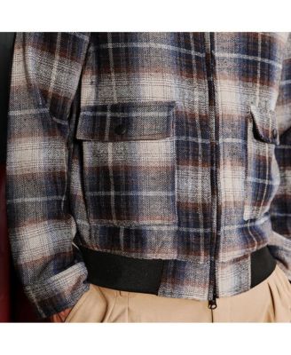 Men's Navy Blue Zip-Front Plaid Jacket