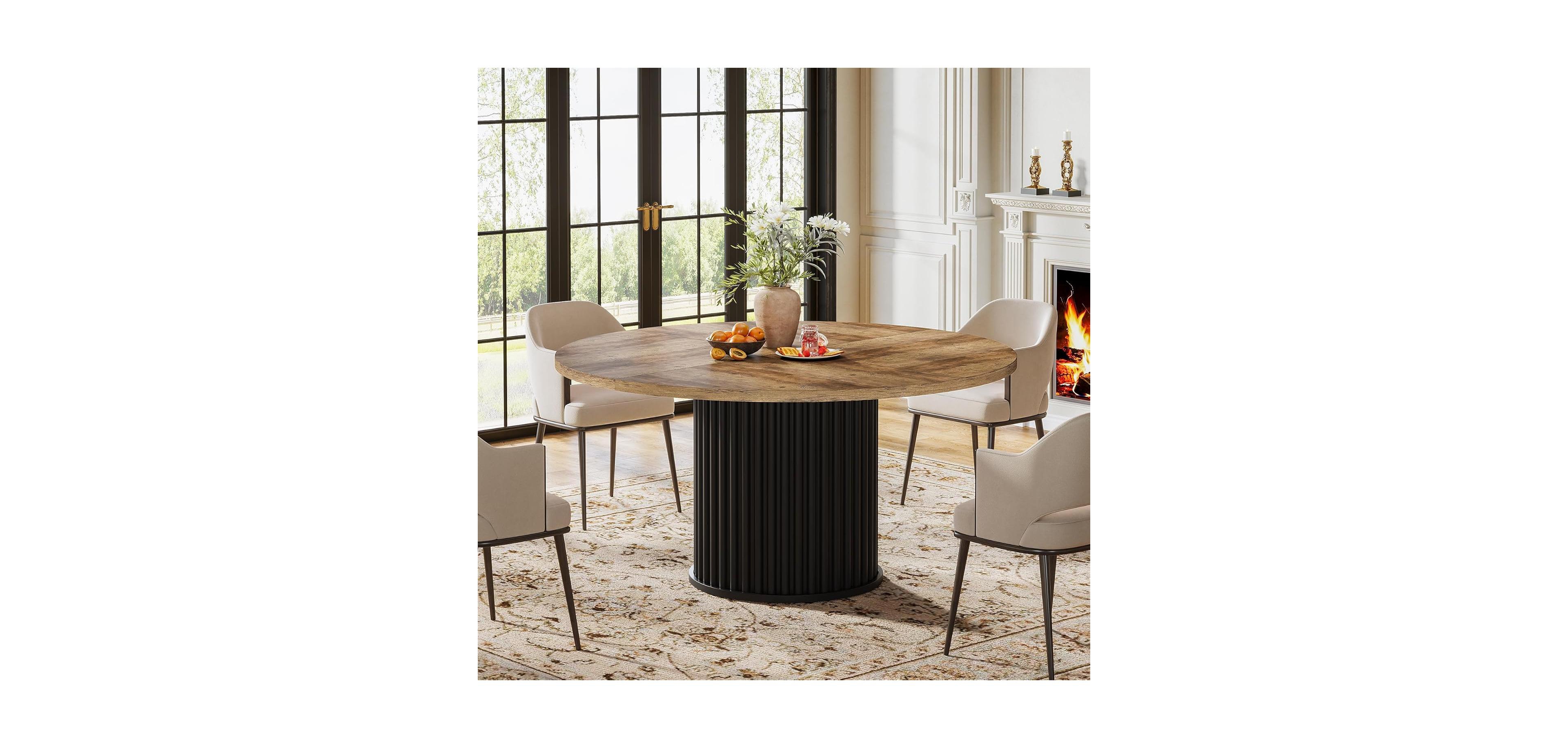 Tribesigns 47.24-Inch Black Round Dining Table for 4-6 People, Modern Fluted Mdf + Metal Base Kitchen