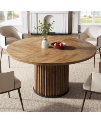 47.24-Inch Black Round Dining Table for 4-6 People, Modern Fluted MDF + Metal Base Kitchen Table