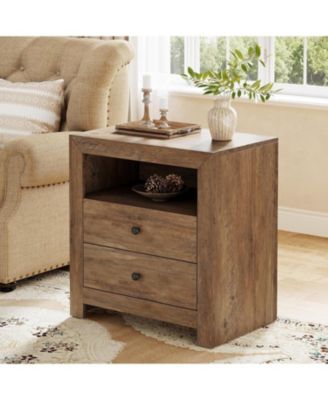 Farmhouse Nightstand with 2 Storage Drawers, Rustic Nightstand Table with Open Shelf, End Side Table, Rustic
