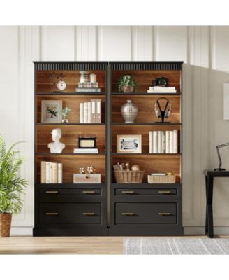 72" White 5-Shelf Bookcase with Drawers – Modern freestanding wood bookshelf for display and storage