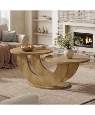 Round Coffee Table, 2-Tier Farmhouse Coffee Table with U-Shaped Frame