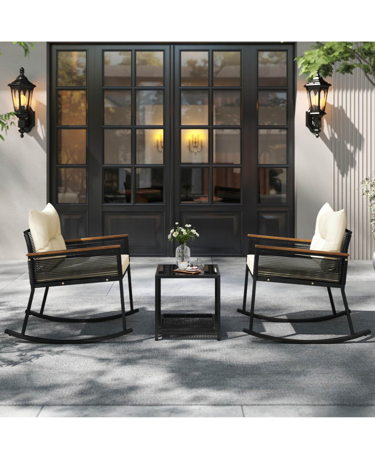 Costway 3 Pcs Outdoor Rocking Bistro Set with 2-Tier Coffee Table, Acacia Wood Armrests