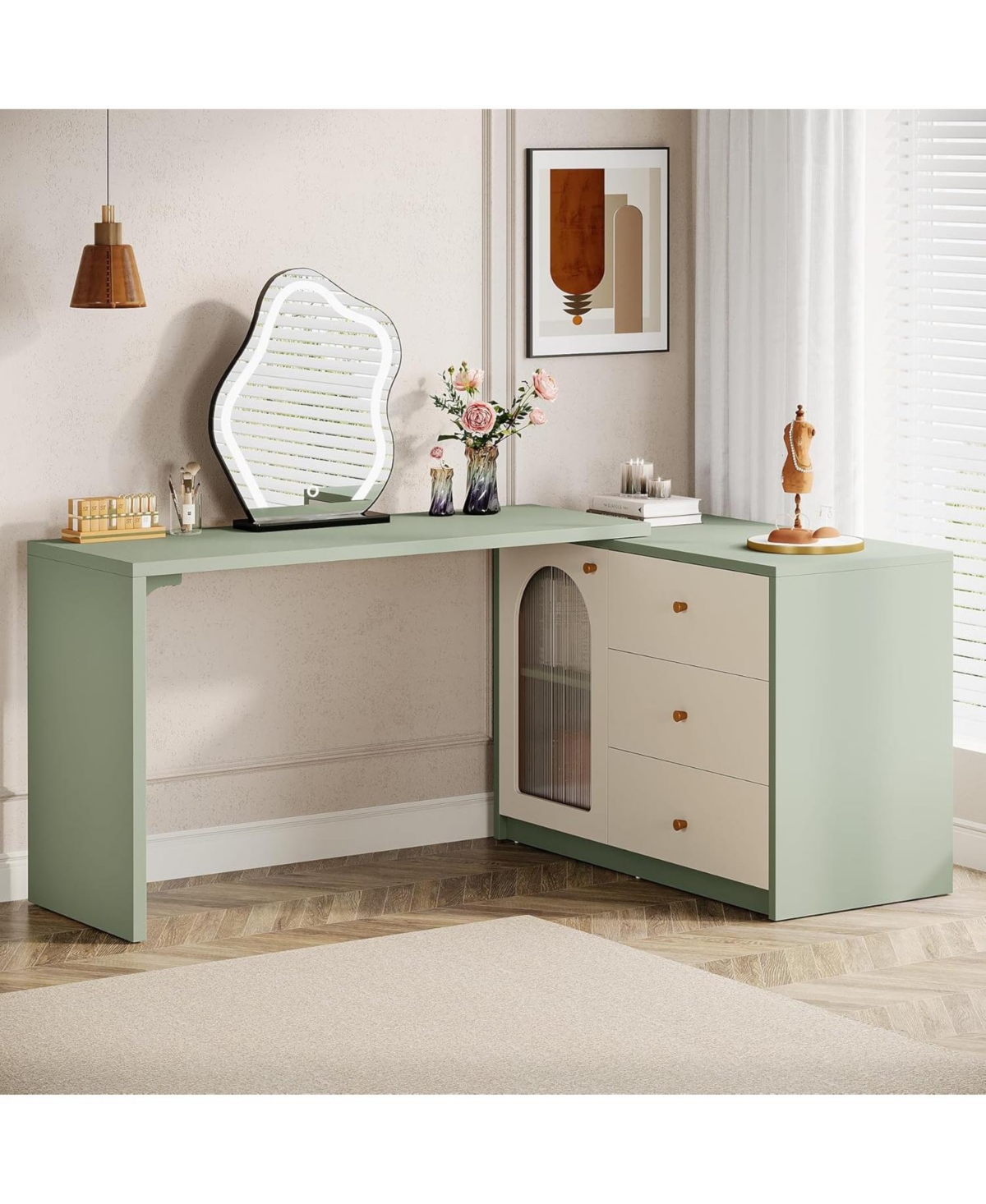 Tribesigns Retractable Makeup Vanity Desk with 3 Drawers & Cabinet, Corner Dressing Table for Bedroom, Walnut & White (No Mirror)