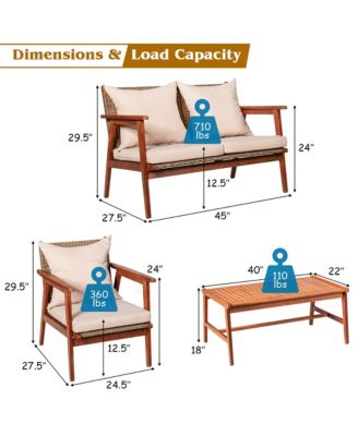 4PCS Outdoor Rattan Furniture Set Acacia Wood Table Cushioned Sofa Chair Garden