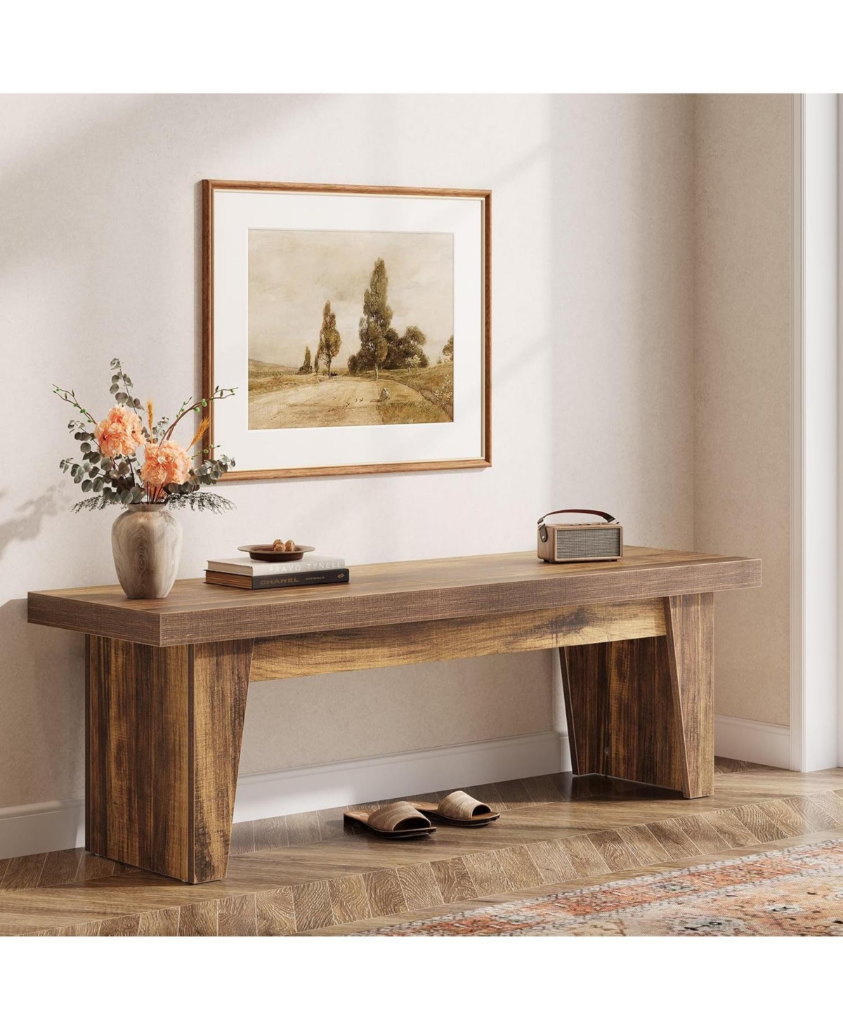 Tribesigns 55" Wooden Entryway Bench, Farmhouse Long Entry Seat, Indoor End of Bed Stool with Storage Capability, Dark Brown