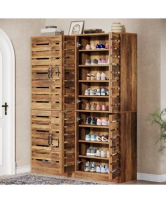 70.8" Rustic Brown Wood Shoe Cabinet with Shutter Doors & Adjustable Shelves