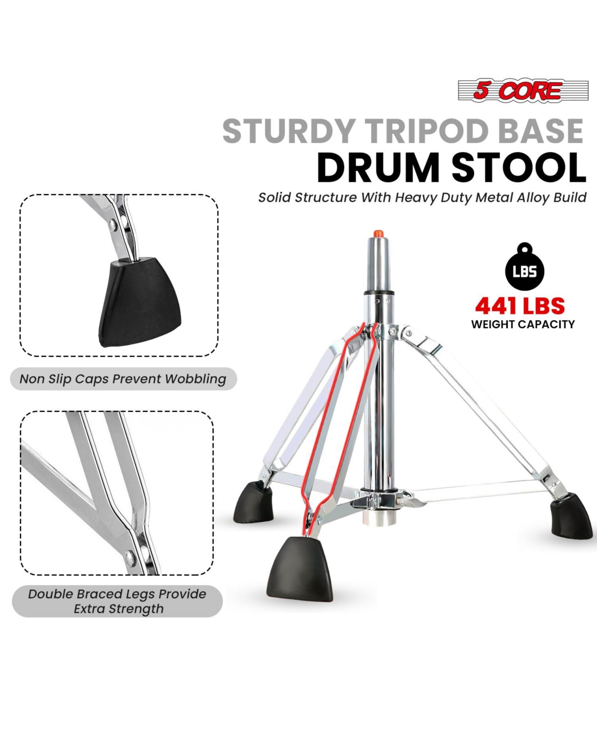 5 Core Drum Throne w Backrest 4" Padded Stool Airlift Adjustable 25.5" Drummer Chair 441Lb Capacity