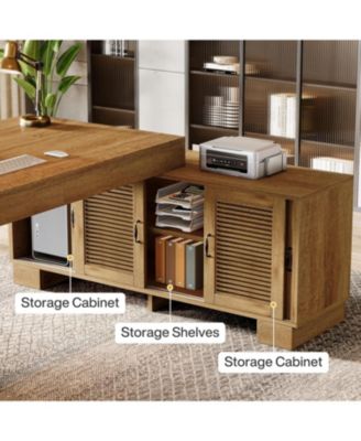 63-Inch L-Shaped Wood Executive Desk with Storage Cabinets & 2-Tier Shelf, Modern Business Workstation