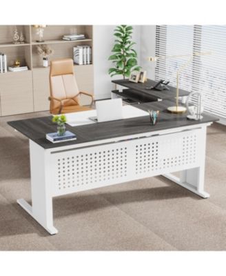 63" L-Shaped Executive Desk with File Cabinet, Drawers & Storage Shelves – Office Desk
