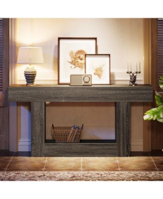 63-Inch Farmhouse Wood Console Table with U-Shaped Base, 2-Tier Narrow Sofa Table for Entryway & Living Room