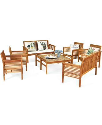 8 PCS Outdoor Acacia Wood Sofa Furniture Set Cushioned Chair Coffee Table Garden