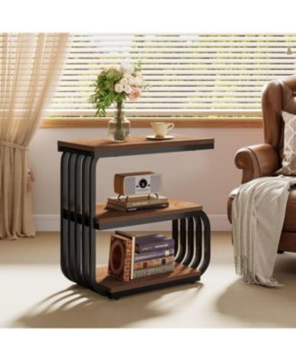Small End Table, 3 Tier Design Accent Table with Metal Frame, Industrial Vintage Nightstand for Living Room, or Small Spaces (1, Brown)