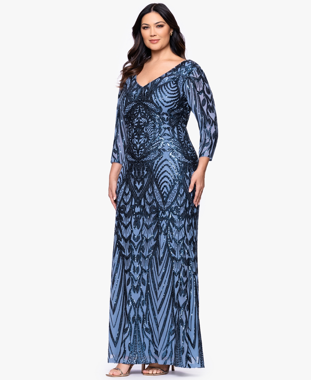 B&A By Betsy and Adam Plus Sequin Detail Sheath Long Dress